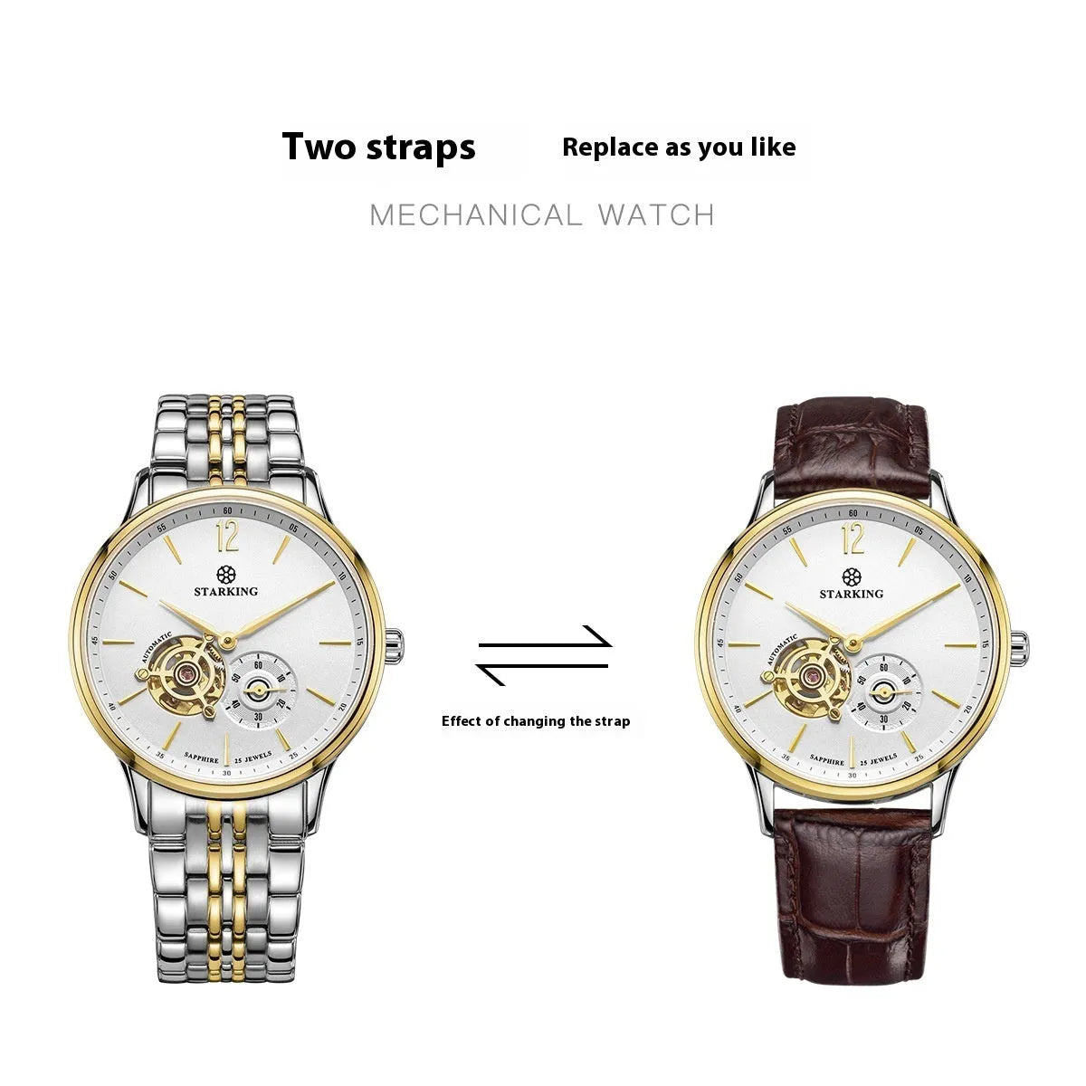 Men's automatic mechanical business watch with brown leather strap and stainless steel case