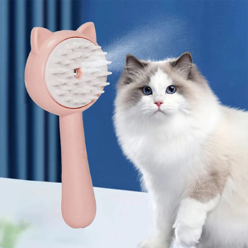 Rechargeable mist grooming brush for cats and dogs in yellow, blue, or pink, with ABS TPR silicone construction.