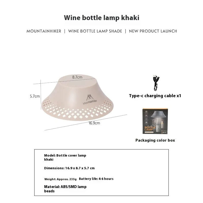 Wine bottle design camping lantern in beige or grey colour with USB-C charging port