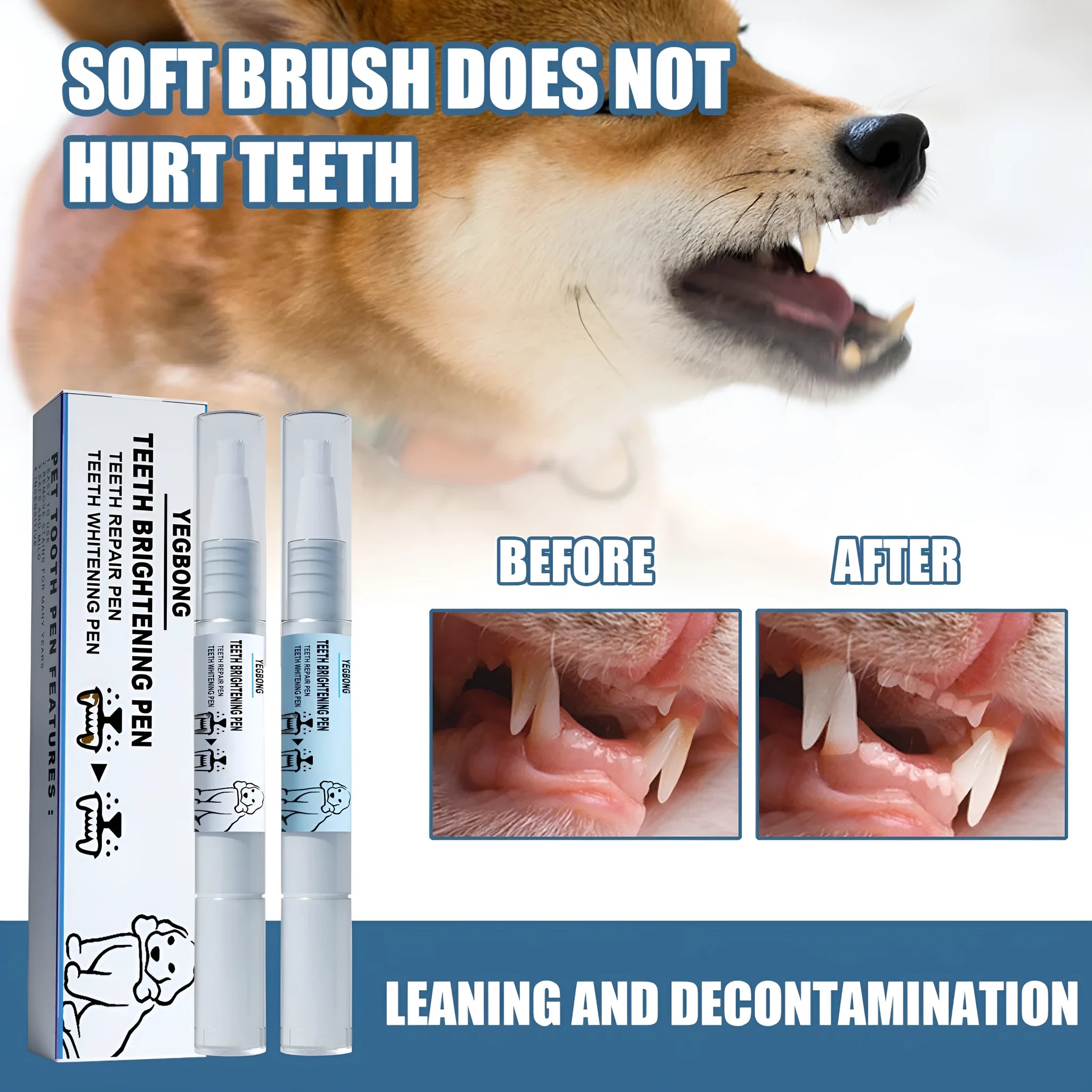 Pet teeth whitening pen with dental brushes for dog and cat tartar reduction