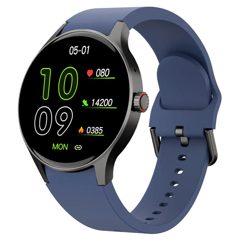 Smart Bluetooth sport watch with circular AMOLED display in black, blue, pink, or red colours