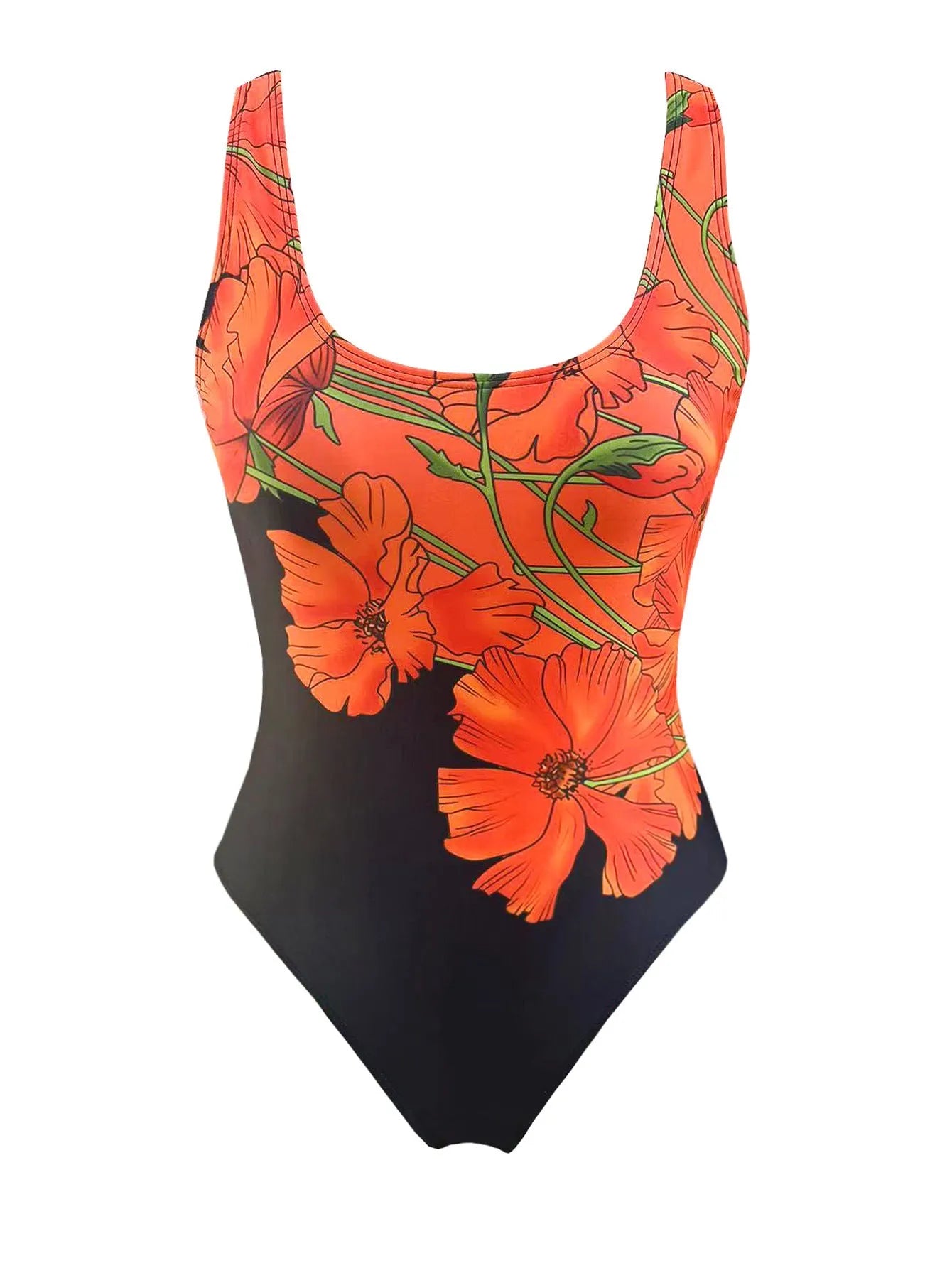 Orange floral print backless one-piece swimsuit on a mannequin.