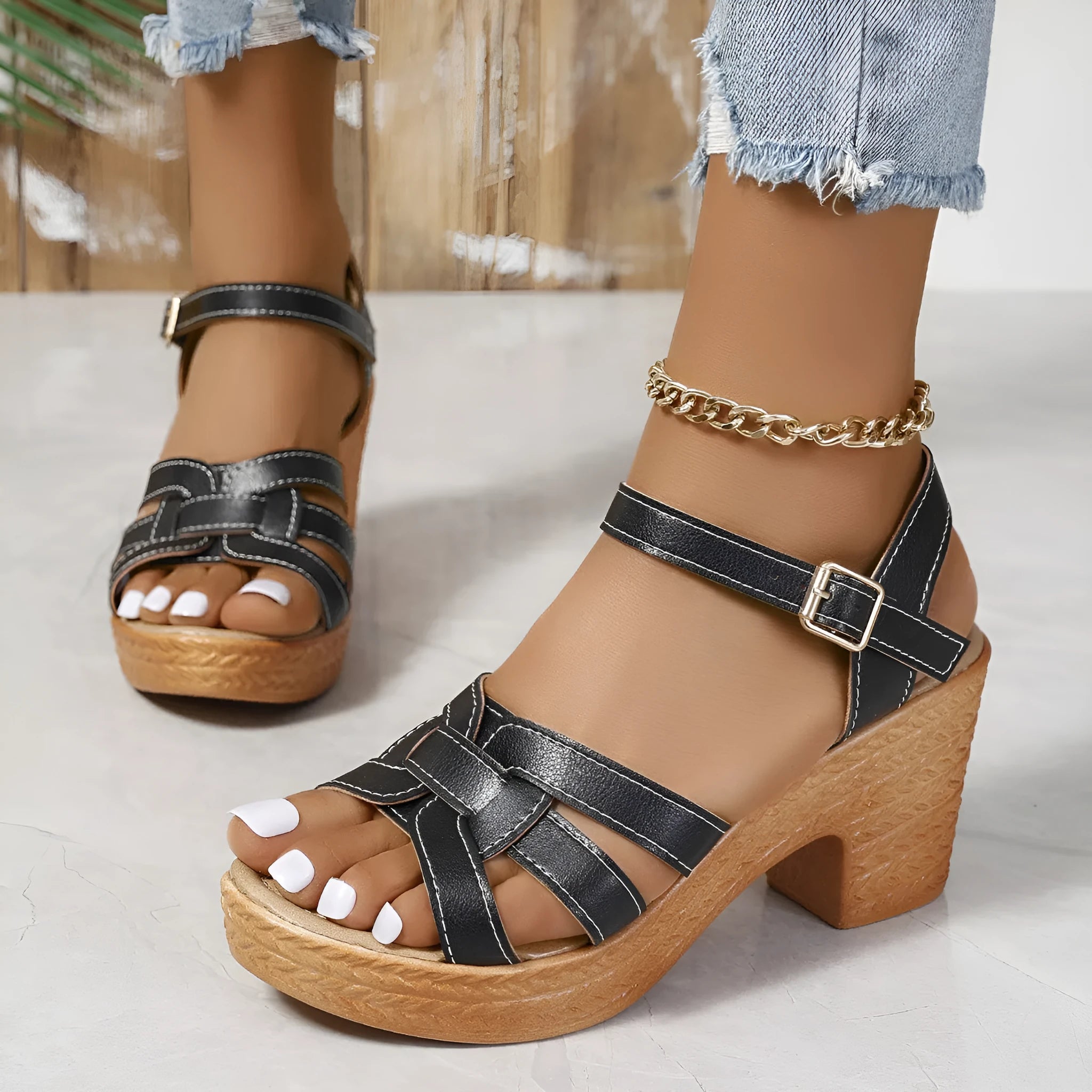 Plus size Roman women's peep toe sandals with chunky heel and buckle ankle strap in black