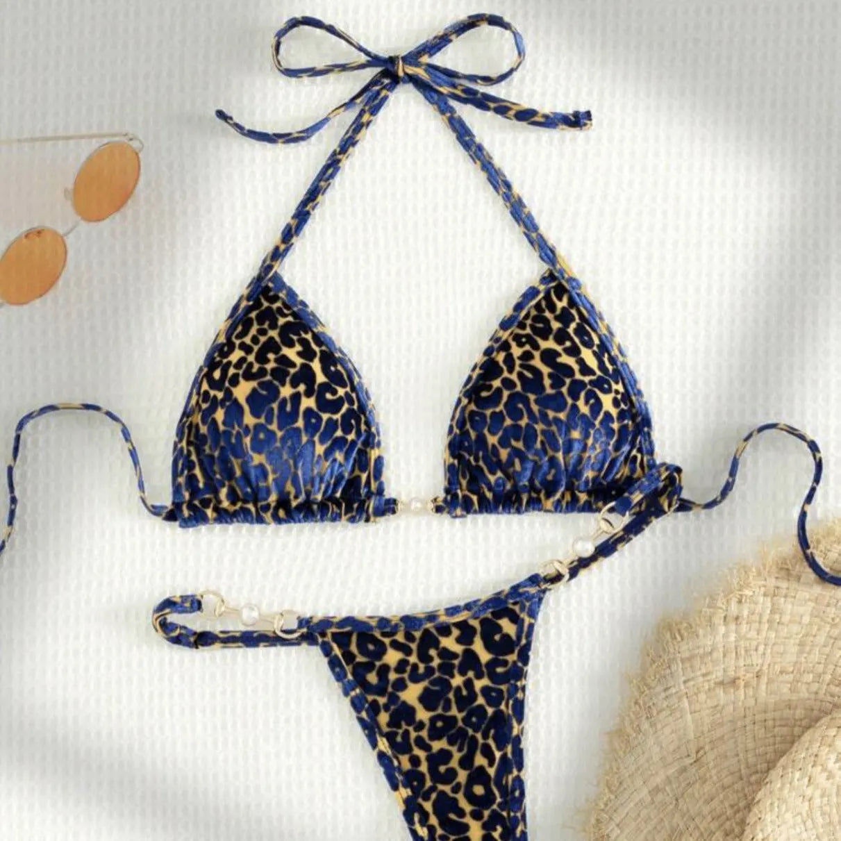 Blue leopard print T-shaped swimsuit bikini with polyester fabric and spandex stretch
