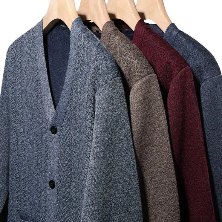 Man wearing a long sleeve striped cardigan sweater in brown, available in sizes M to 3XL.