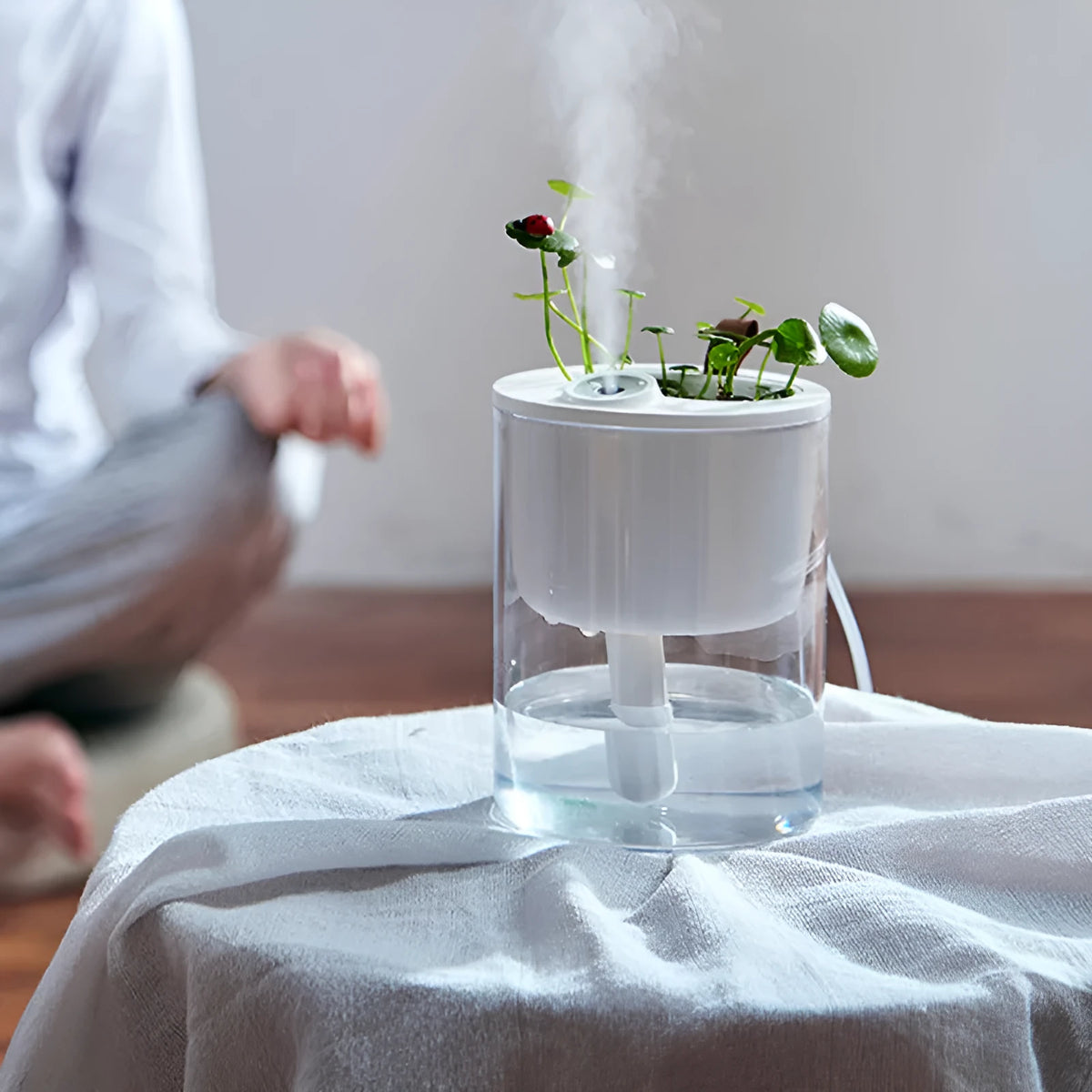 Small USB desktop humidifier in white, 320ml capacity, 120x97x97mm, with USB cable and timer.