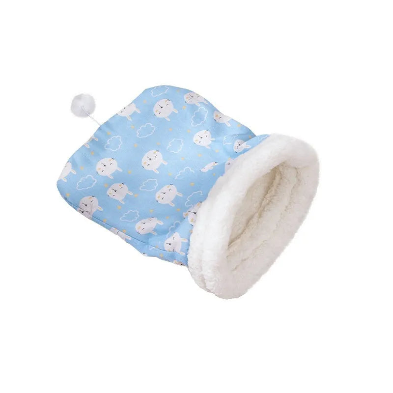 Flannel cat sleeping bag nest bed in pink trojan design, 50 by 40 cm.
