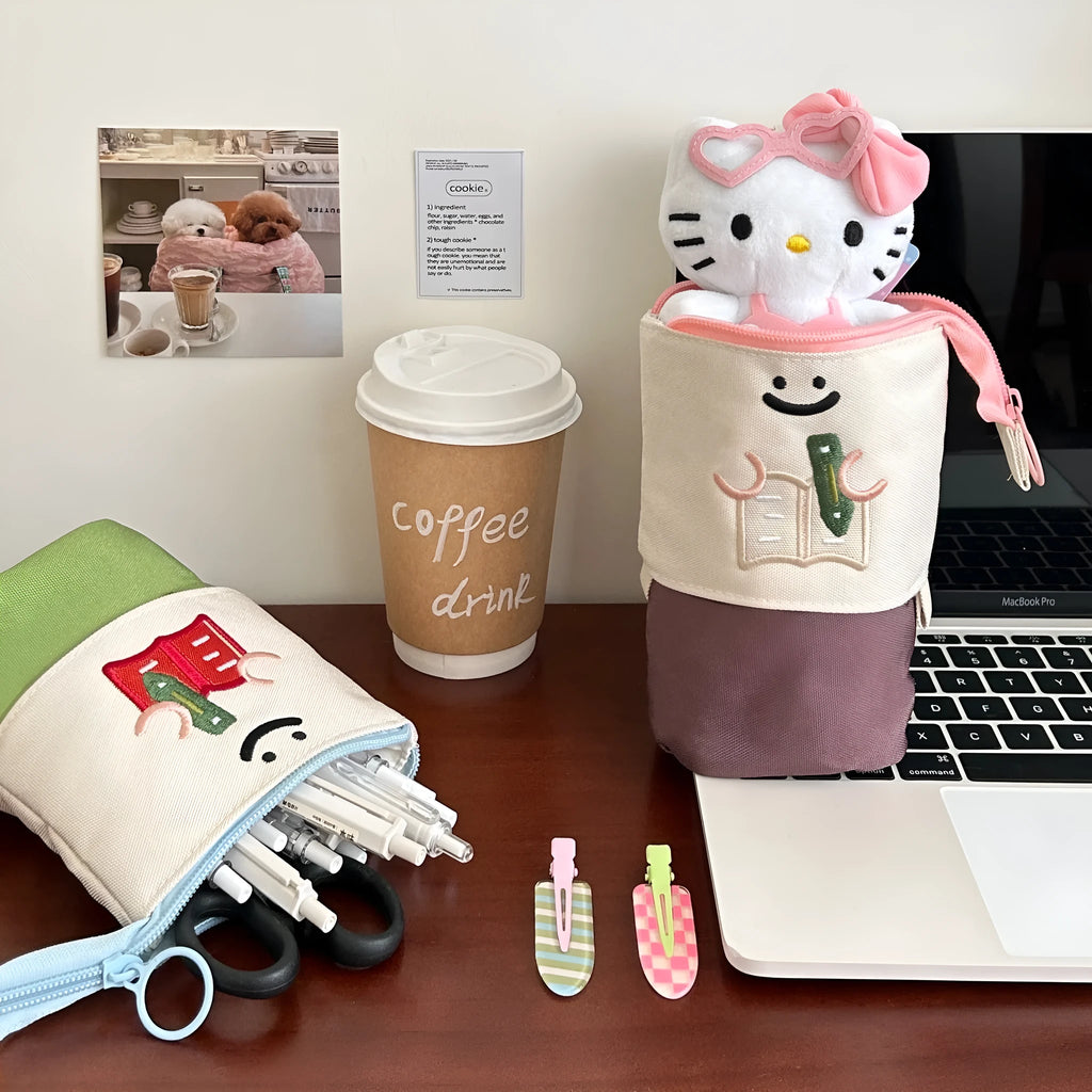 Brown Korean style cartoon pattern collapsible pencil case with zip closure showing 17cm by 14cm dimensions