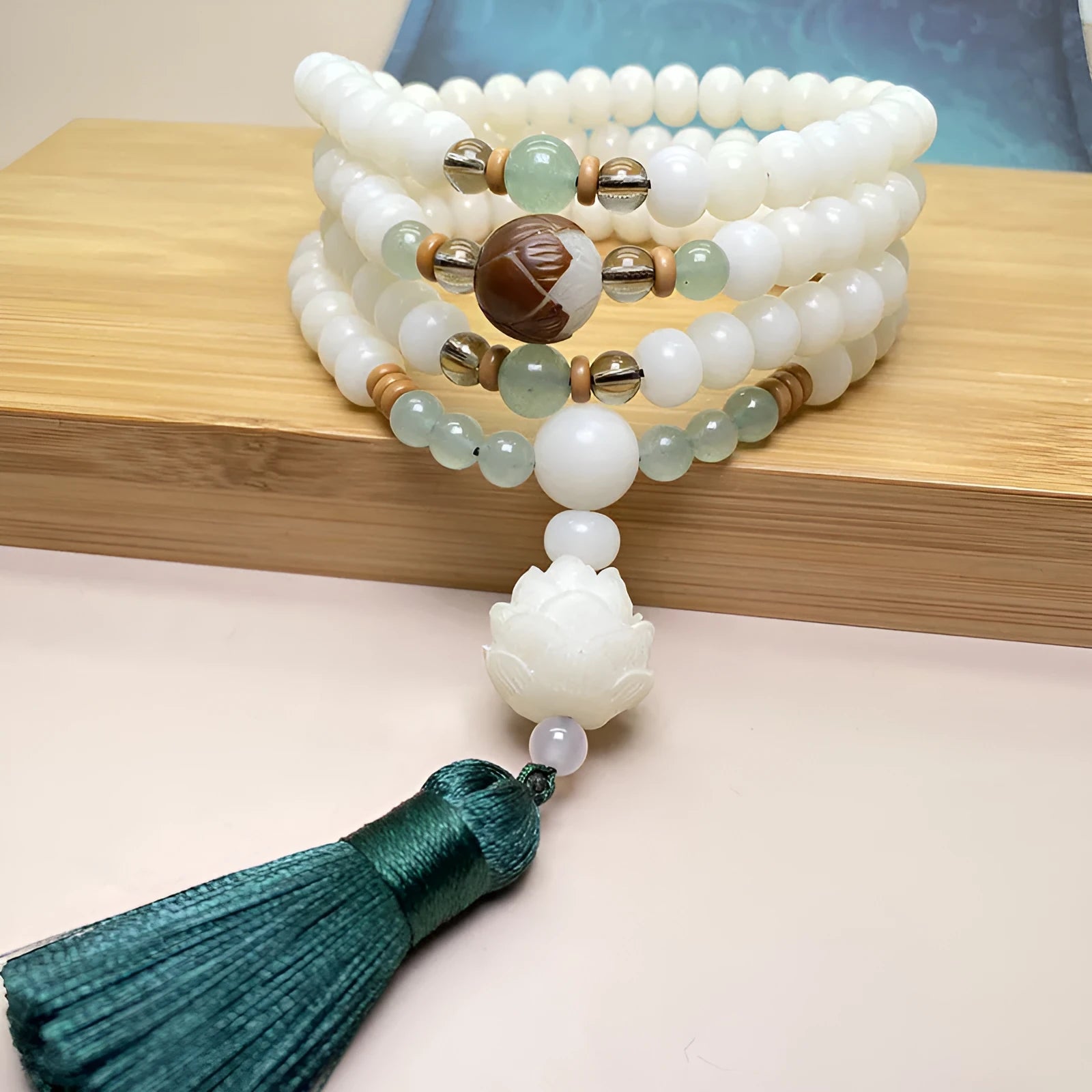 White jade bodhi bead bracelet with 108 stones in traditional unisex design