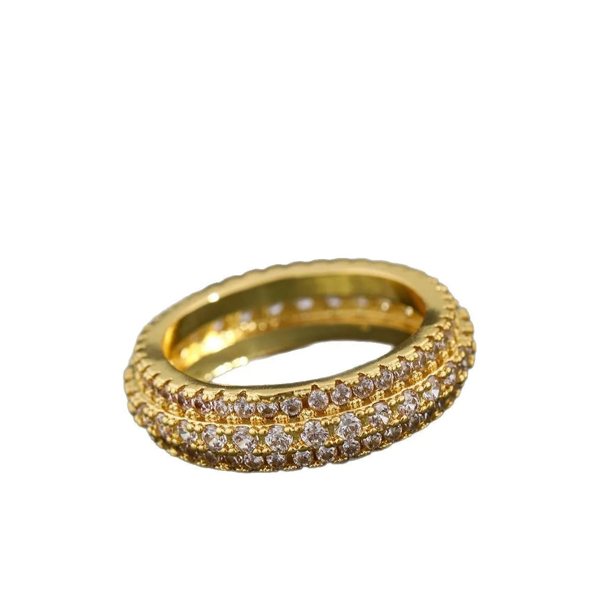 A geometric unisex ring with a triangular zircon stone inlay, shown in white gold, yellow gold and white and black plating finishes.