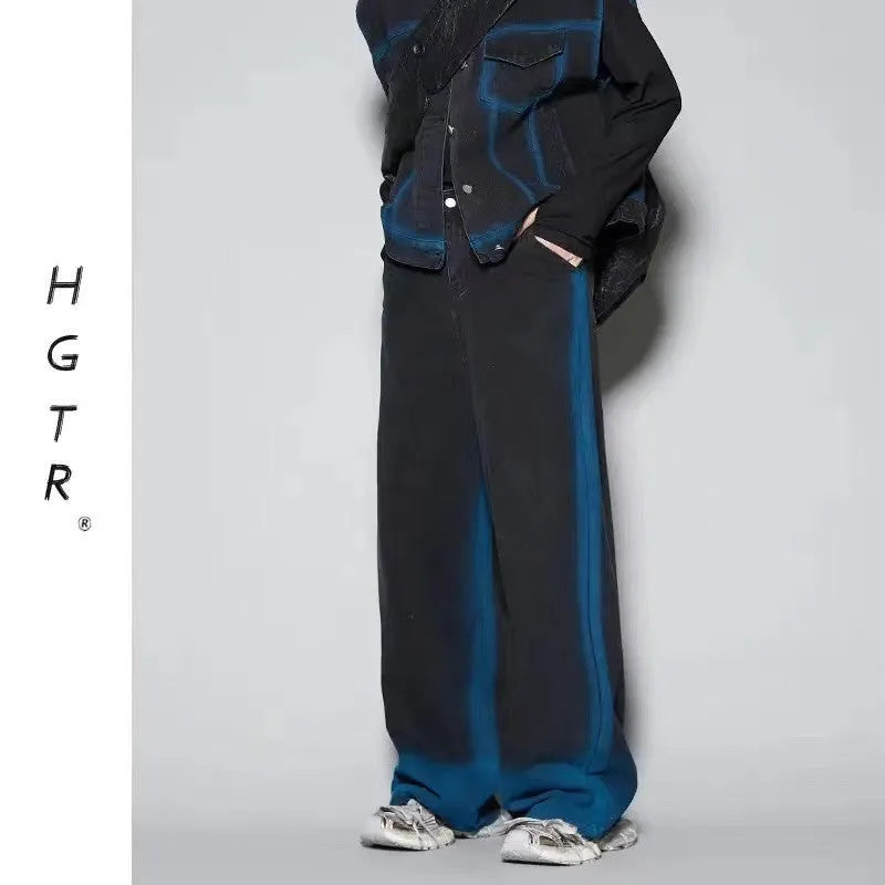 Fleece-lined distressed denim vest and jeans matching set with a spray colour gradient wash.