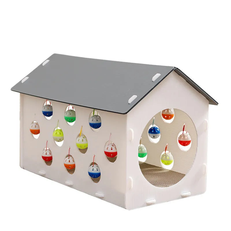 House-shaped cat scratch board with integrated bell ball and tunnel for indoor cats