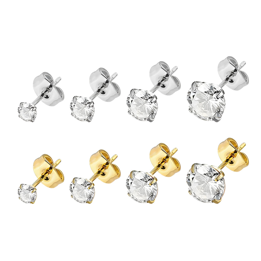 Geometric zircon stud earrings in stainless steel with electroplated finishes