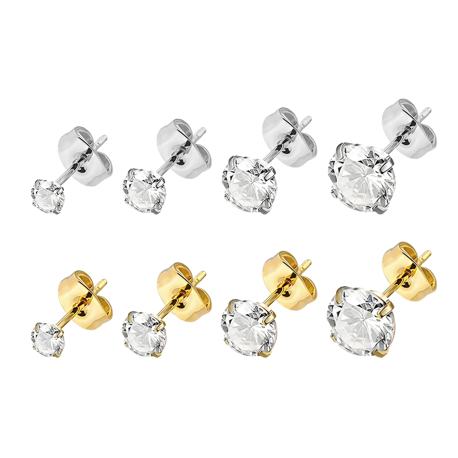 Geometric zircon stud earrings in stainless steel with electroplated finishes