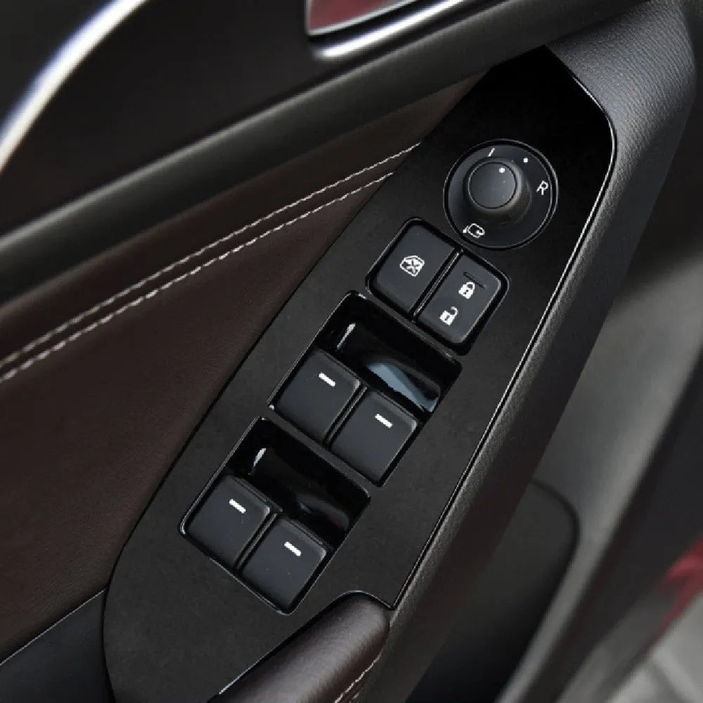 Set of four TPU protective films for car door control panel, shown in transparent, matte black, and carbon fibre black finishes.