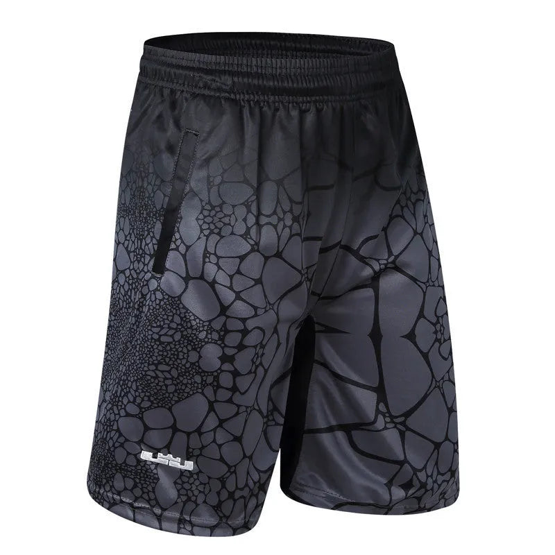 Men's loose five-point basketball shorts in 90% polyester, available in Black, Green, and Red, sizes M to 4XL