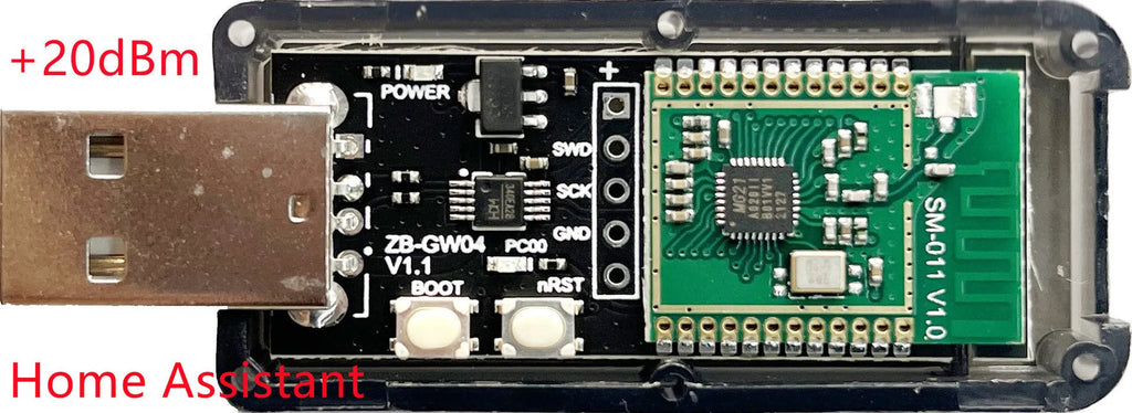 Silicon Labs EFR32MG21 Zigbee USB dongle in plastic housing for smart home networks.