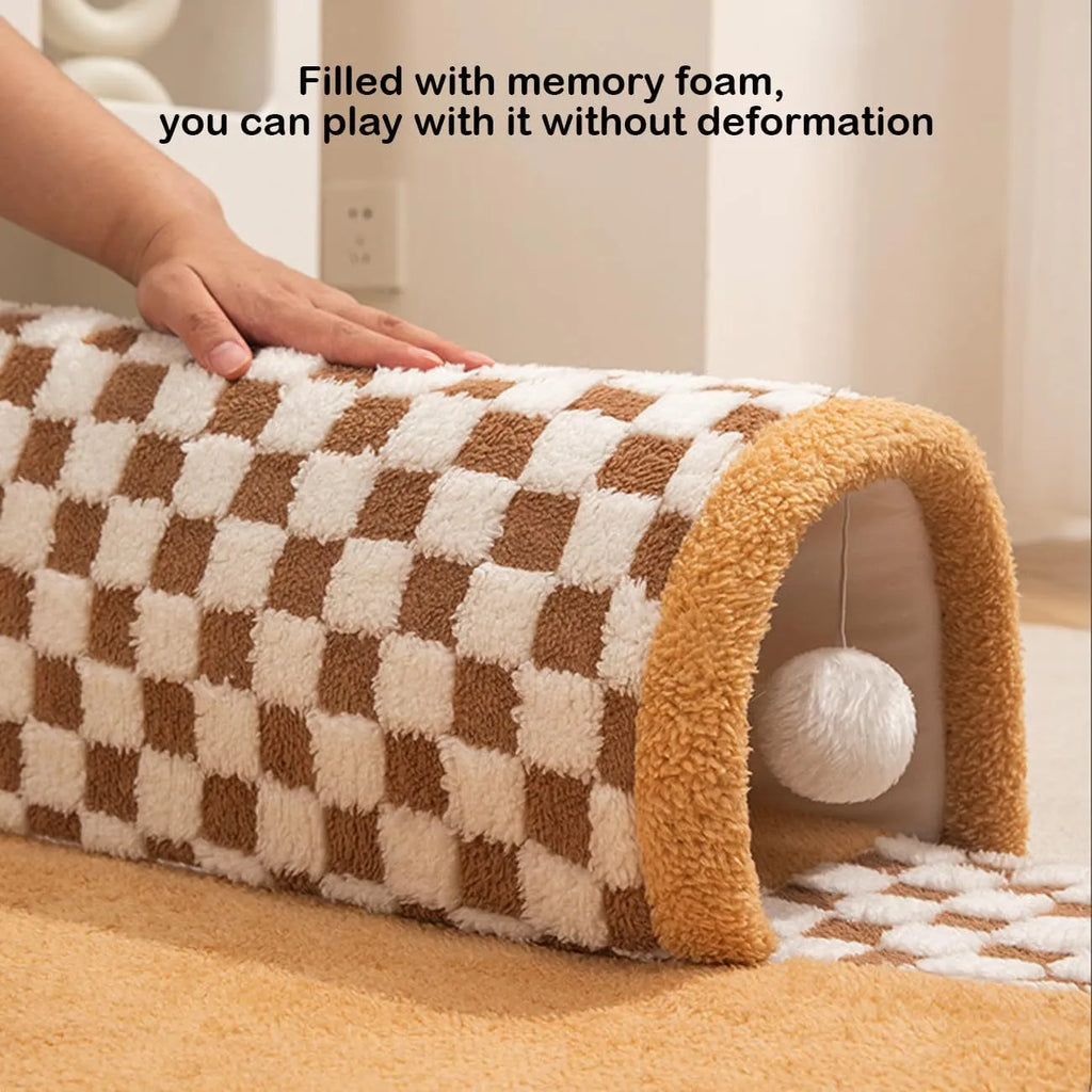 Fan-shaped plush dog cat bed with tunnel and sleeping area in coffee colour