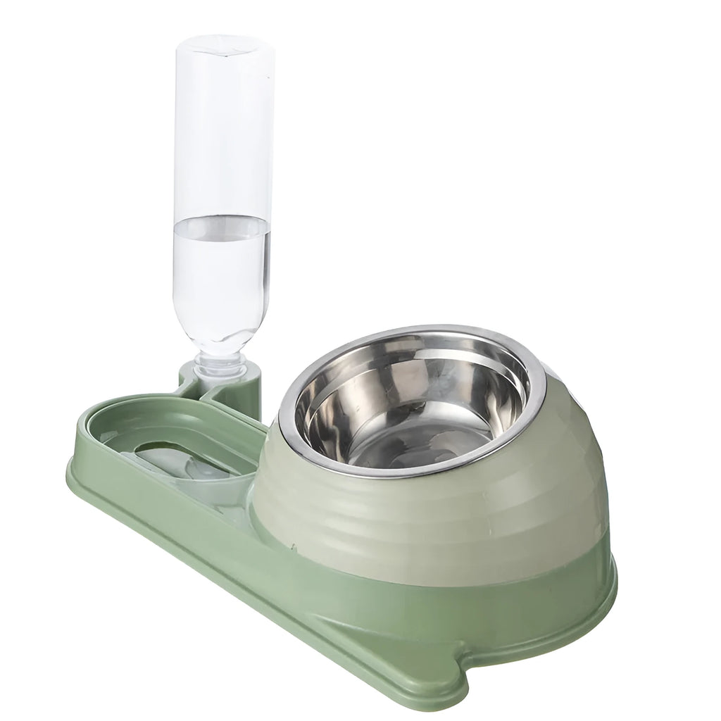 Brown elevated pet food and water bowl set with a large automatic water dispenser bottle.