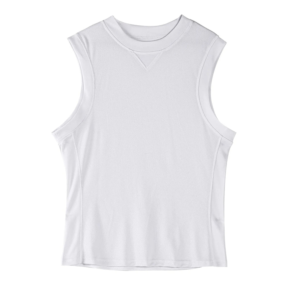 Men's loose-fit polyester sports vest in white or black, showing quick-dry stretch fabric for summer workouts