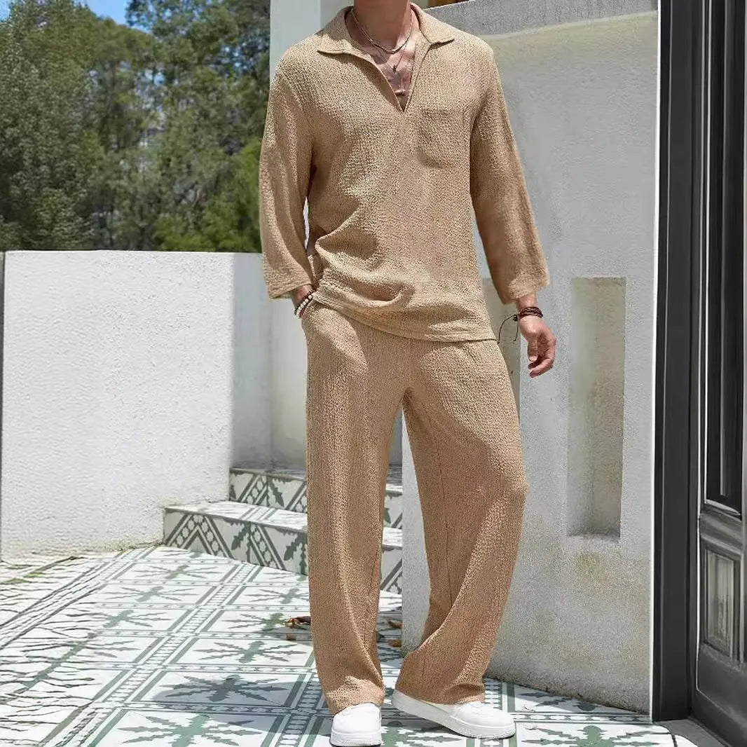 Men's casual shirt and trousers suit in lake blue, khaki, black, or caramel colour.