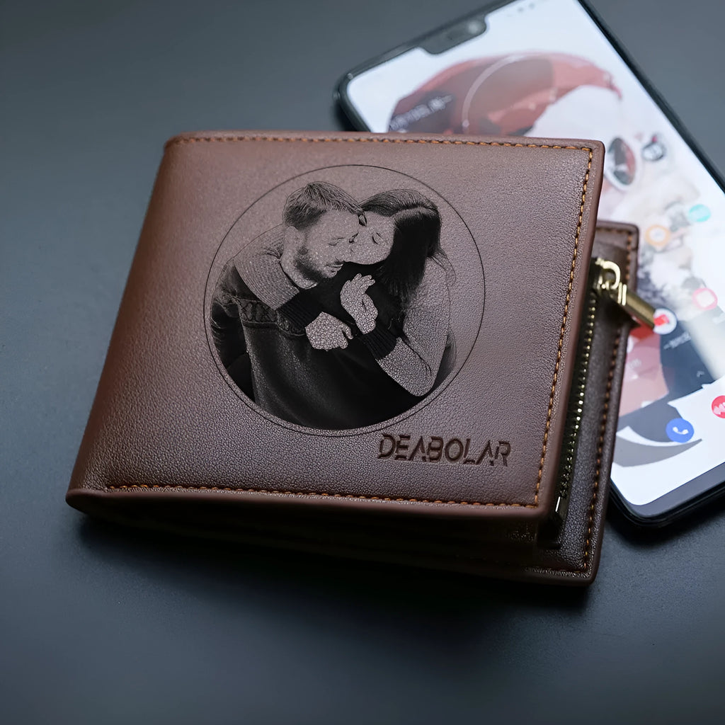 Men's leather wallet with a zip closure, presented as a gift.
