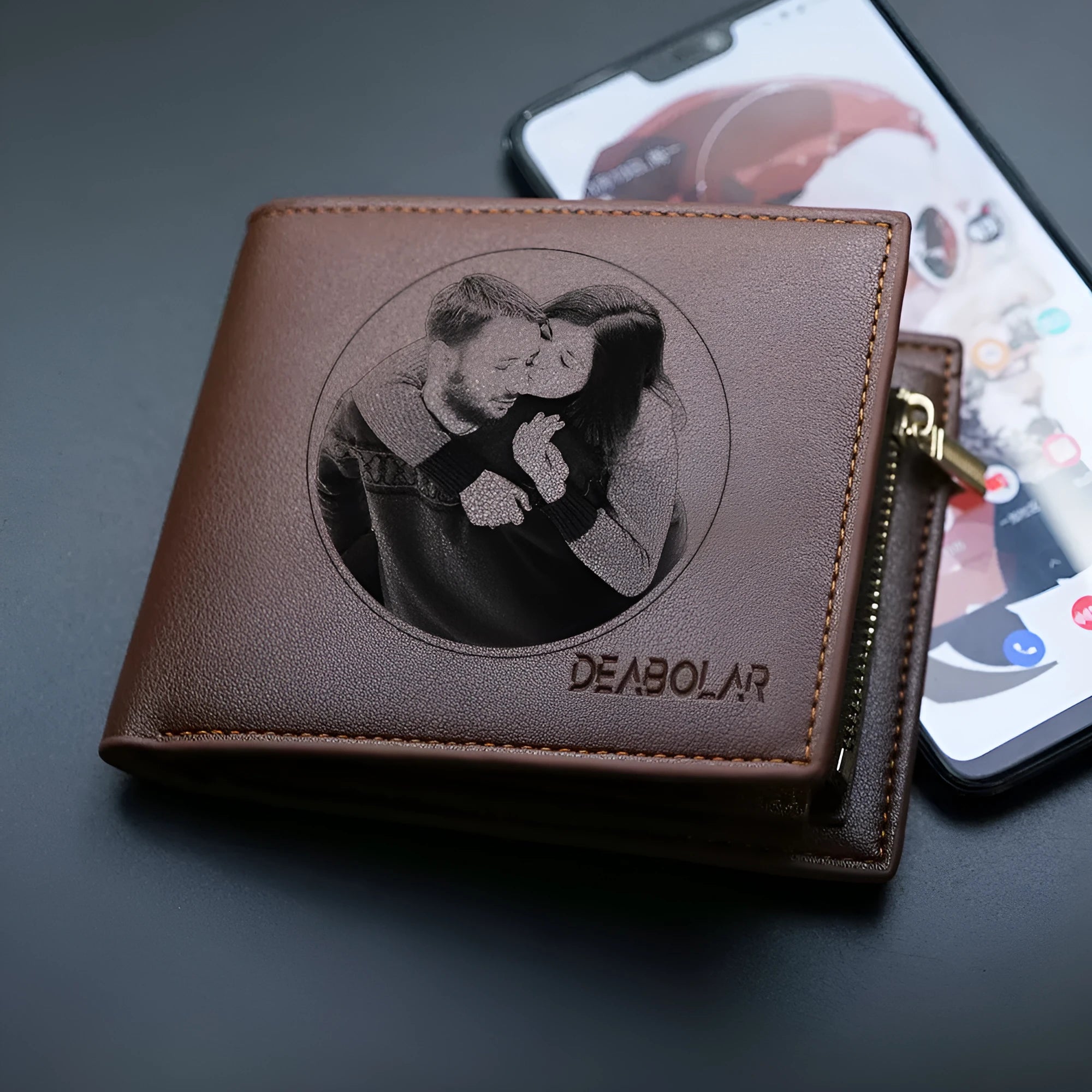 Men's leather wallet with a zip closure, presented as a gift.
