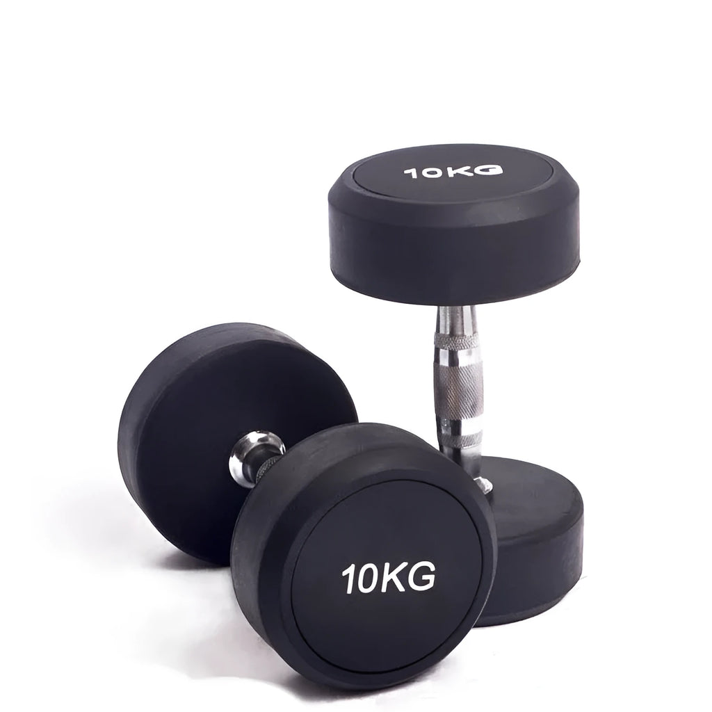 Black cast iron rubberised round head dumbbell, single fitness weight available in 1kg, 2.5kg and 5kg