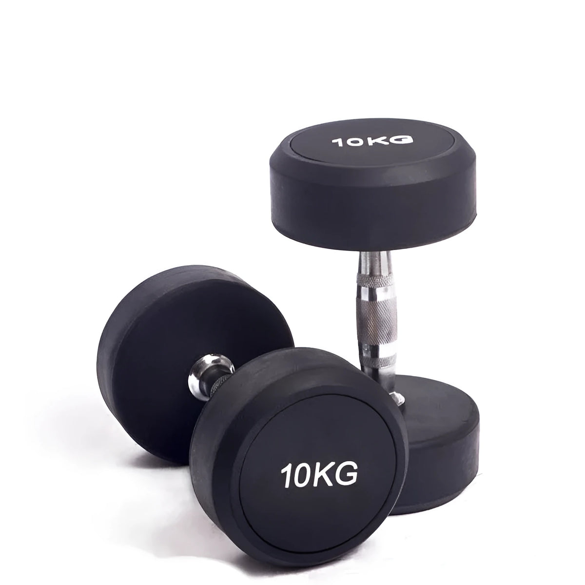 Black cast iron rubberised round head dumbbell, single fitness weight available in 1kg, 2.5kg and 5kg