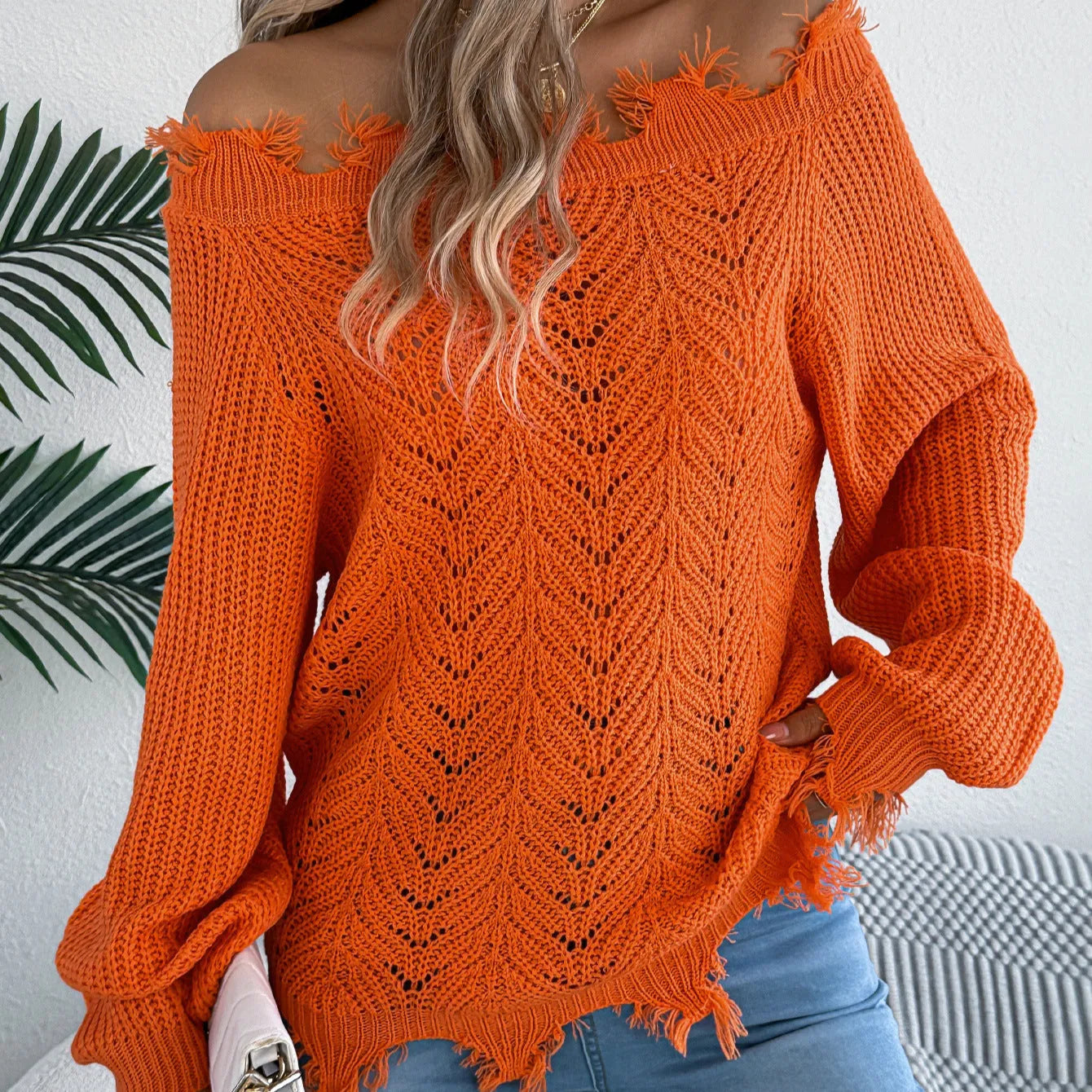 Hollow-out design cut off-the-shoulder long sleeve pullover sweater in acrylic fibre.