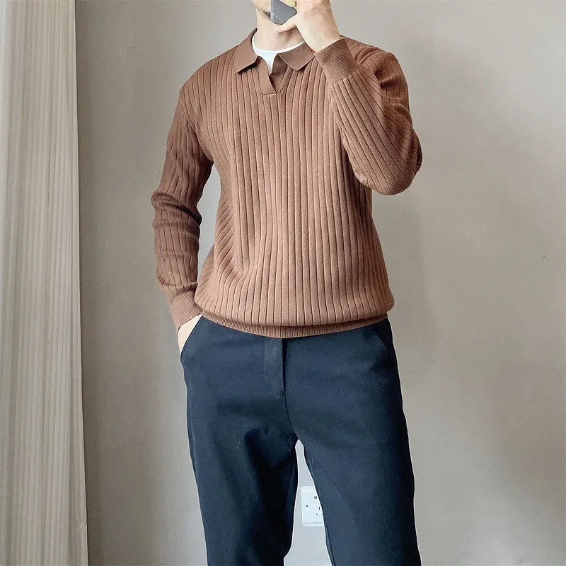 Boys' striped loose knit sweater with a lapel collar in multiple colour options