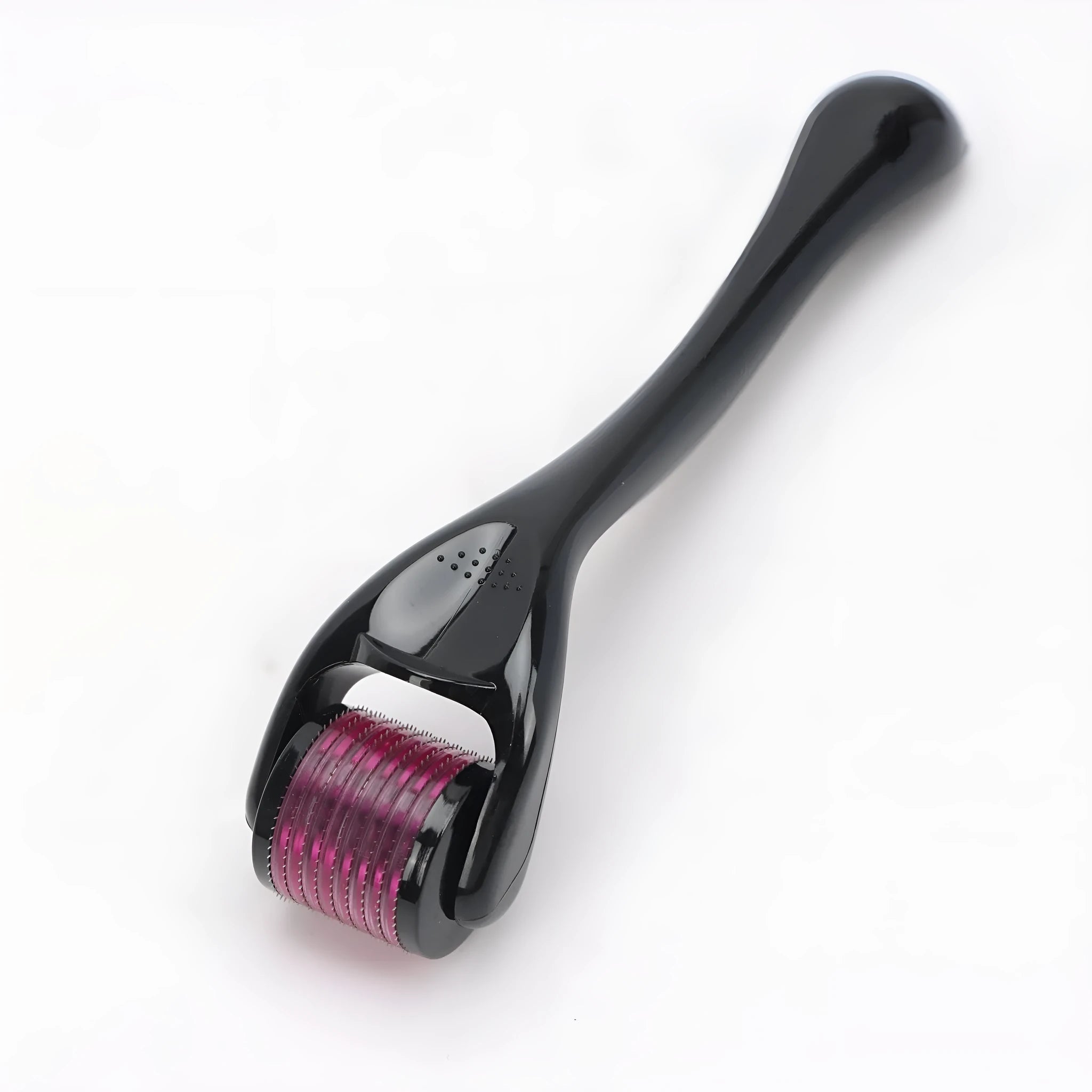 Sterile 540 micro needle derma roller showing handle and needle wheel in assorted colours.