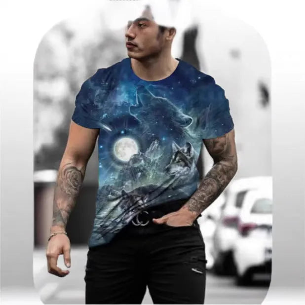 Retro 3D animal print design on a men's short-sleeved polyester t-shirt, shown in multiple colour options.