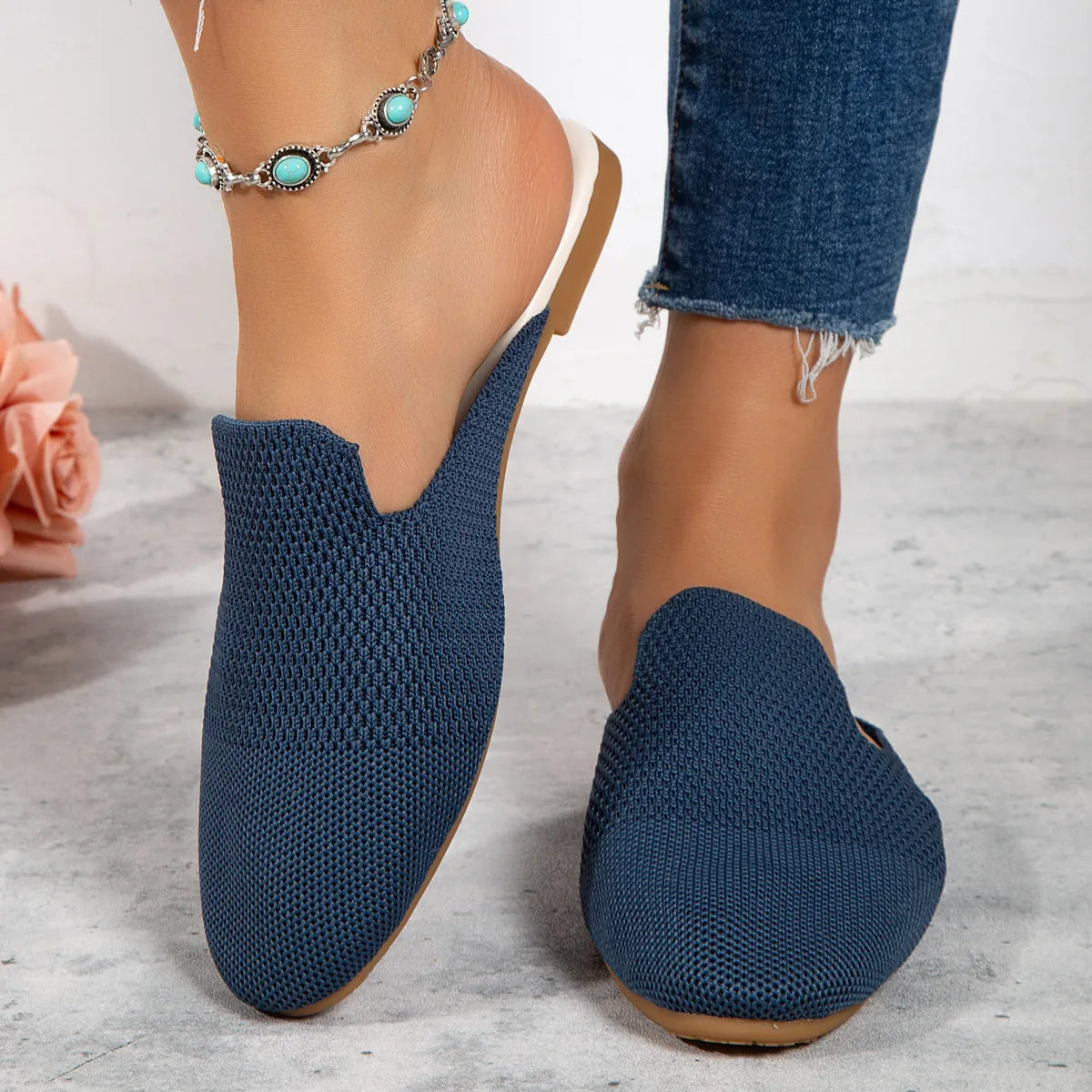 Apricot, blue, and green candy colour mesh slip-on loafers with round toe and rubber sole.