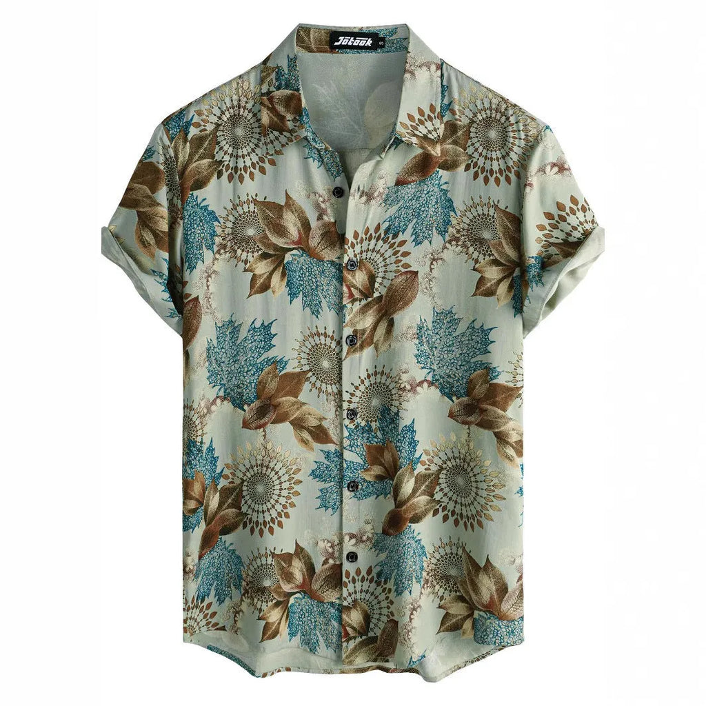 Man wearing a vibrant Hawaiian floral print short sleeve cardigan-style shirt