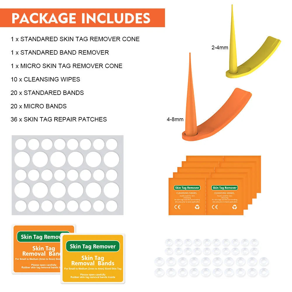 Orange yellow wart removal tool kit with devices, rubber rings, alcohol swabs, and accessories