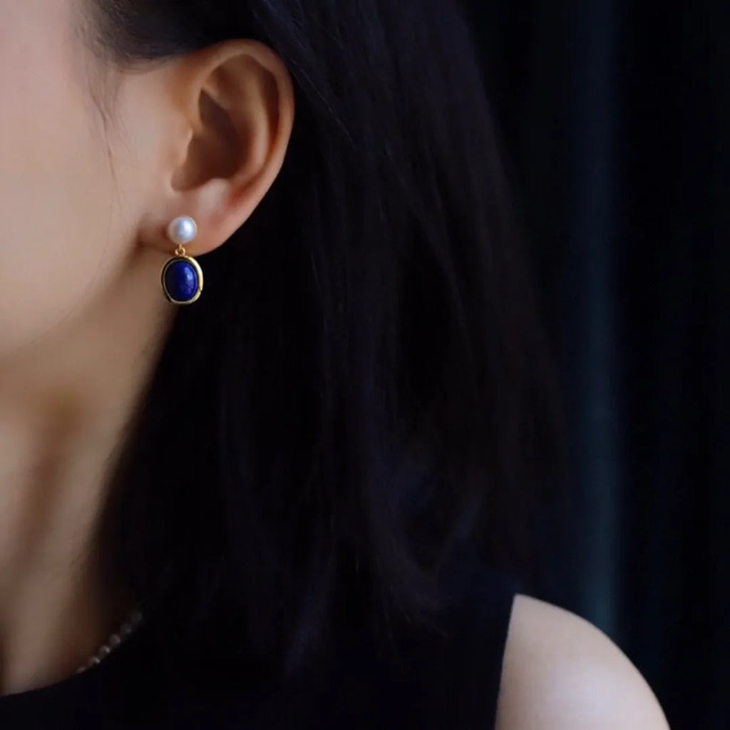 925 silver drop earrings with natural lapis lazuli pearls and auspicious patterned studs