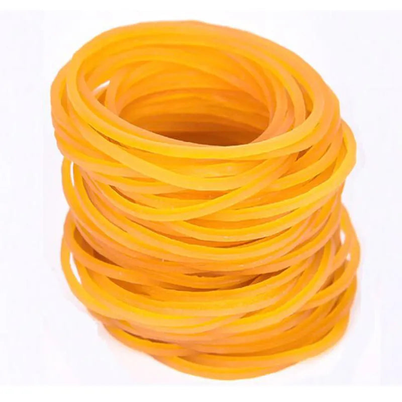 Yellow rubber bands multipack showing assorted sizes from 16mm to 70mm diameter