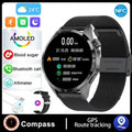 Black smartwatch with Bluetooth calling and health tracking features on a silicone strap.
