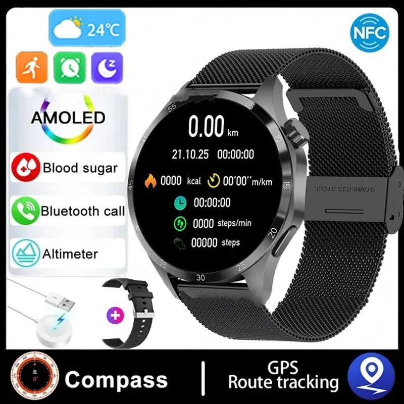 Black smartwatch with Bluetooth calling and health tracking features on a silicone strap.