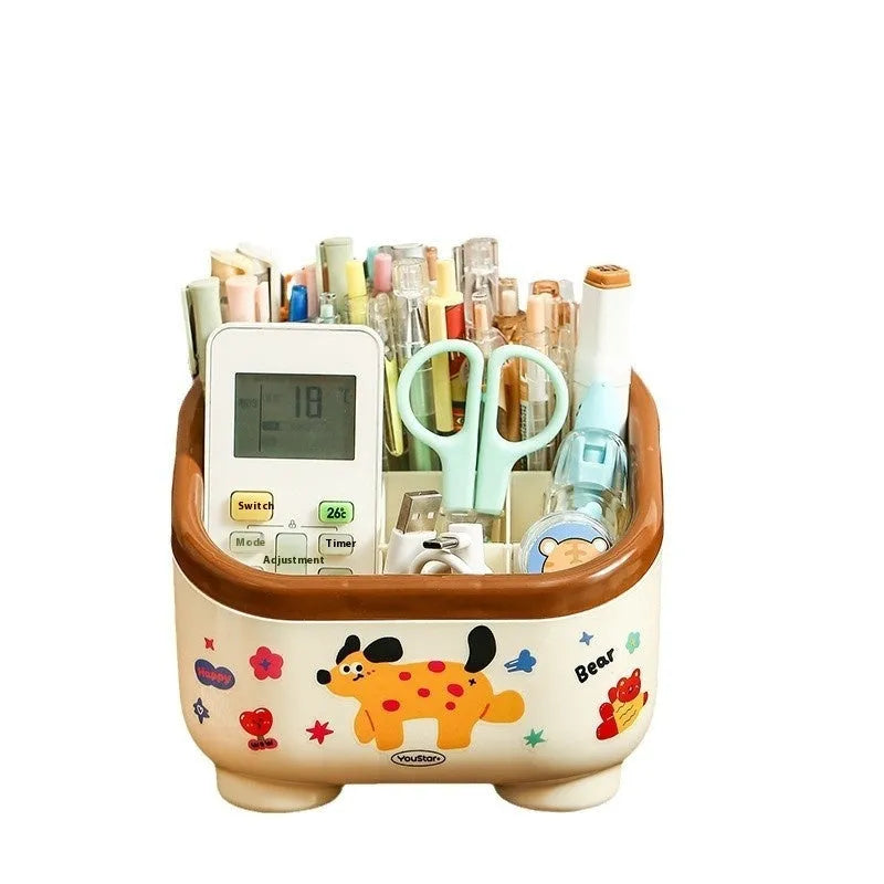 Cartoon-style red and brown plastic desktop storage organiser with grid compartments and 2L capacity.