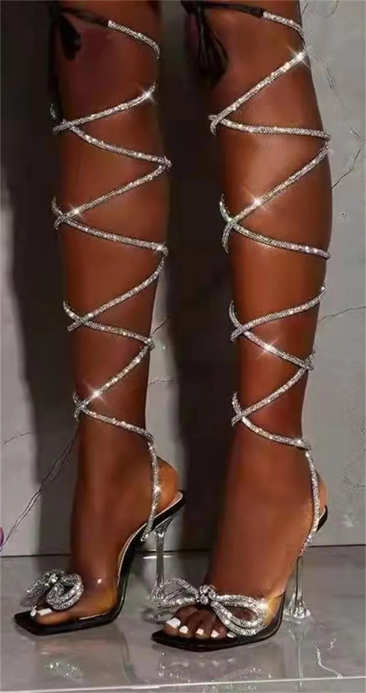 Plus size women's strappy sandals with Roman rhinestone straps and square toe in multiple colours