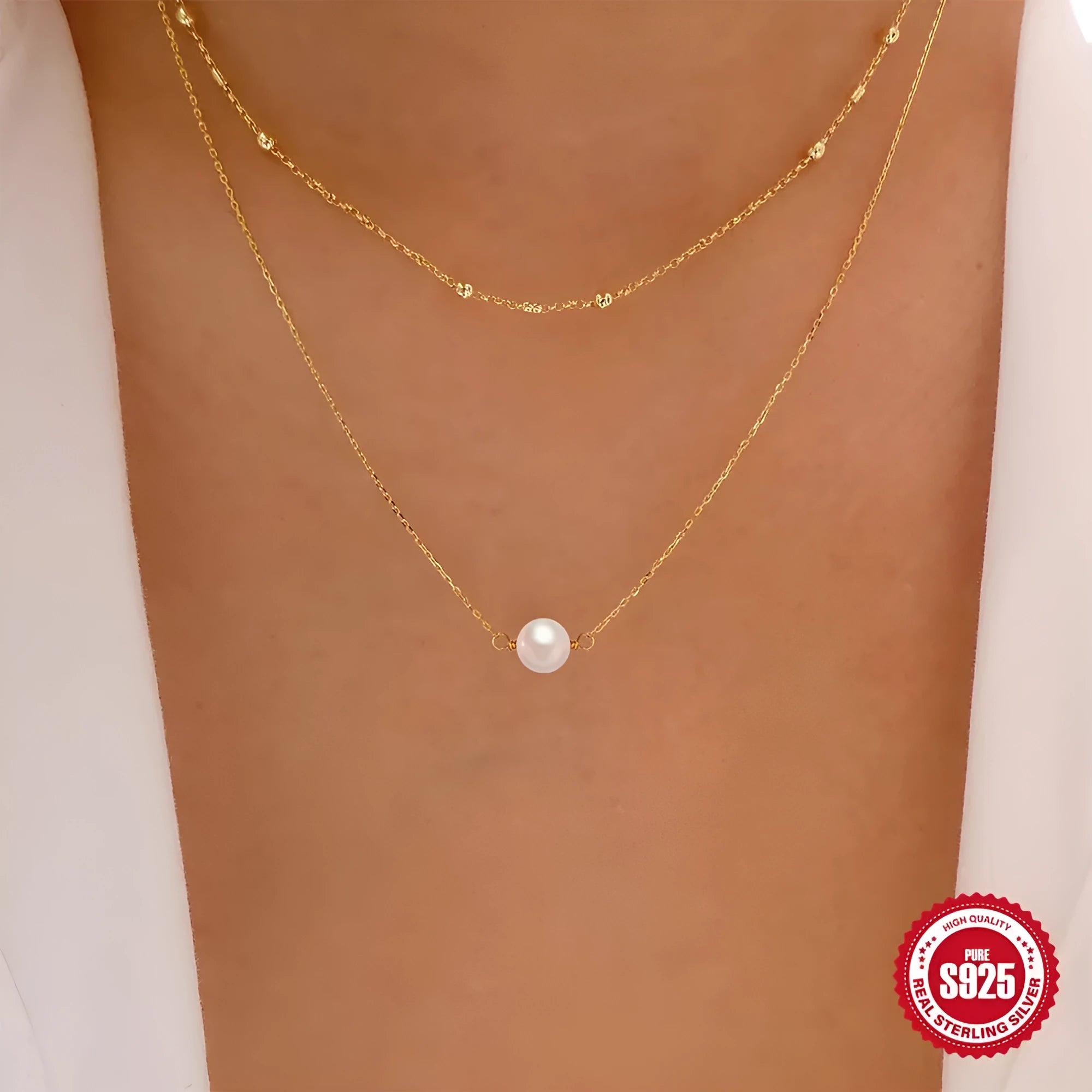 Sterling silver double layer necklace with twin pearls and geometric pendant in gold colour