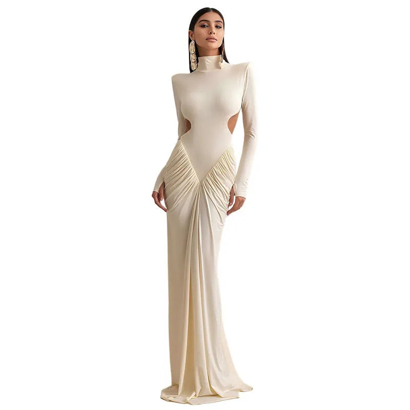 Long sleeve high collar slim fit dress with pleated backless design in solid colour options
