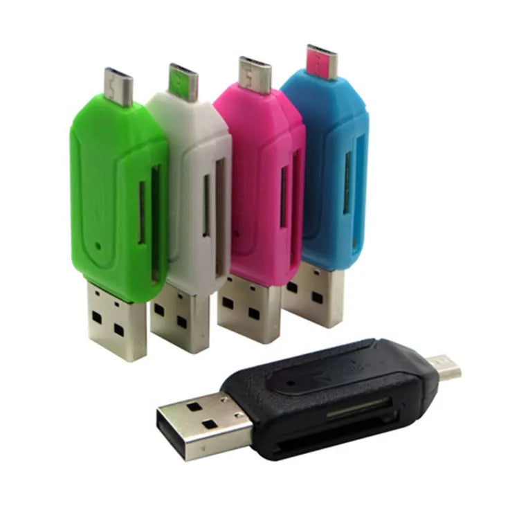 White OTG card reader with micro USB and USB connectors for Android phones and computers
