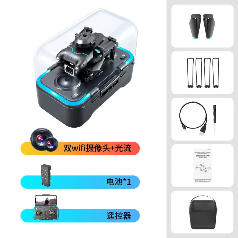 Black four-axis obstacle avoidance drone with mini design under 30cm, shown with dual camera configuration.