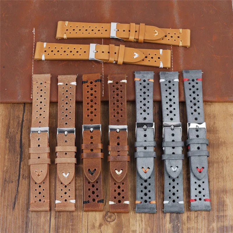 Handmade retro genuine leather watch band with stitched line, shown in dark grey, khaki and brown options