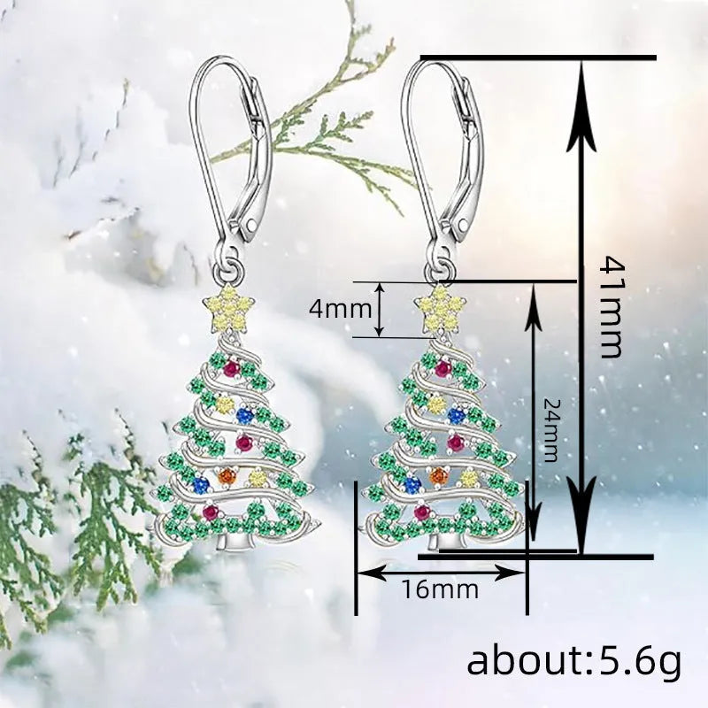Christmas tree design earrings with star elements in white gold colour for women