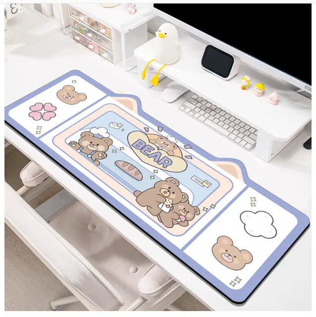 Oversized natural rubber mouse pad on a desk, shown in pink bunny design, with various size options.