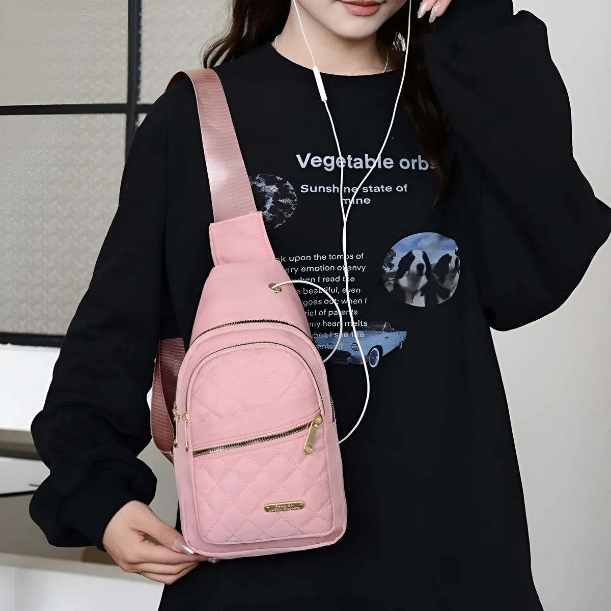 Girls crossbody chest bag in Oxford cloth with plaid pattern and adjustable strap